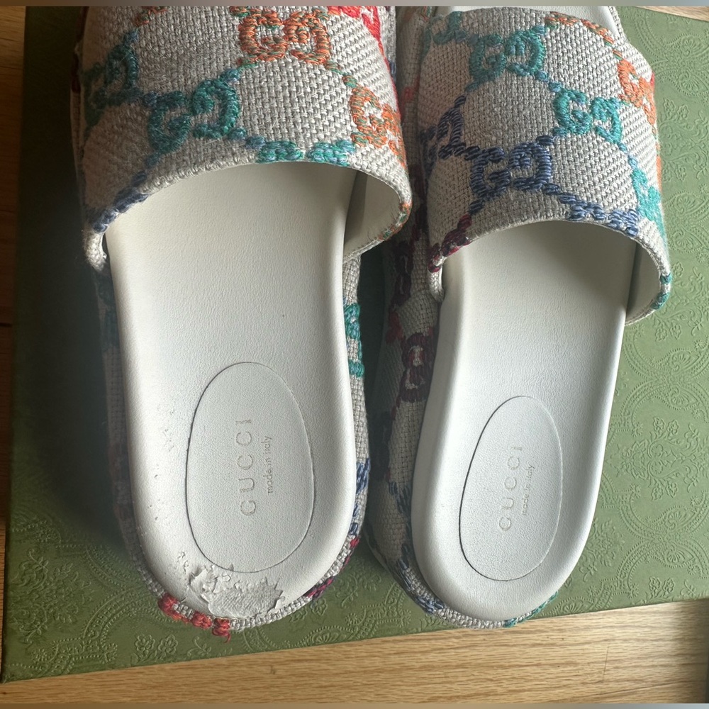Gucci Multi Colored Monogram Platform Slides Sz 37 - image 2